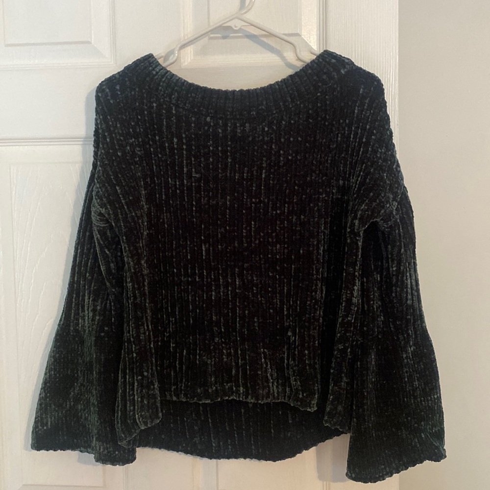 Express XS velvety knit boat neck flare sleeve sweater, dark green